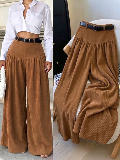 SHEIN LUNE CURVE Plus Size Women's Woven Regular Fit Autumn/Winter American Vintage Brown Corduroy High Waist Gathered Drape Loose Wide Leg Casual Comfortable Long Pants Without Belt