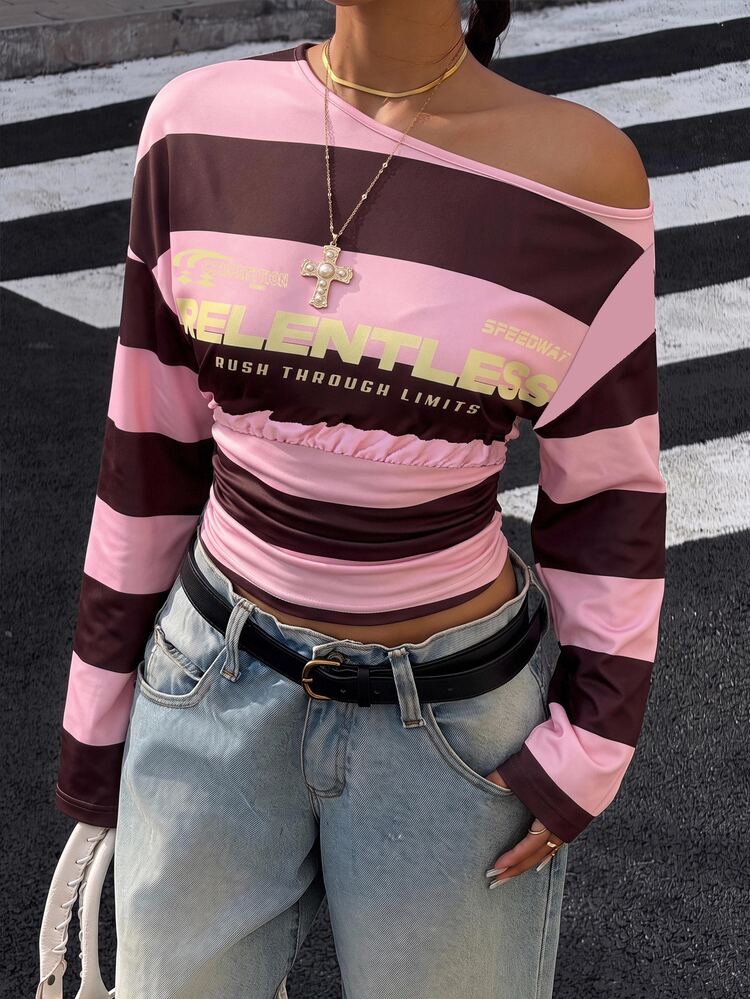 Muchica Women's Striped Letter Print Colorblock Asymmetrical Shoulder Cropped Long Sleeve T-Shirt, Suitable For Outings, Streetwear And Y2K Style - Multicolor - View 7