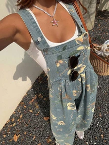 DAZY Women's Romantic Floral Print Vacation Style Beach Bohemian Sleeveless Square Neck Denim Jumpsuit With Pockets, Suitable For Spring & Summer - Blue - View 5