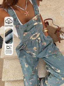 DAZY Women's Romantic Floral Print Vacation Style Beach Bohemian Sleeveless Square Neck Denim Jumpsuit With Pockets, Suitable For Spring & Summer - Blue - View 1