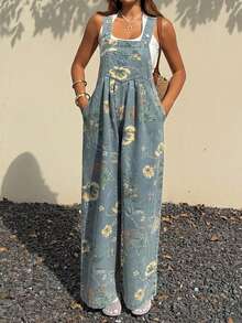 DAZY Women's Romantic Floral Print Vacation Style Beach Bohemian Sleeveless Square Neck Denim Jumpsuit With Pockets, Suitable For Spring & Summer - Blue - View 3