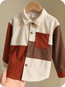 SHEIN 兒童小男孩休閒日常百搭舒適拼色拼接翻領長袖鈕扣襯衫 秋冬款 - 棕色 - 查看 7