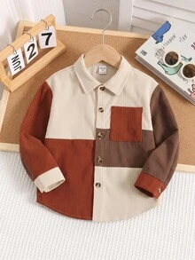 SHEIN 兒童小男孩休閒日常百搭舒適拼色拼接翻領長袖鈕扣襯衫 秋冬款 - 棕色 - 查看 5