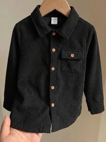 SHEIN 兒童小男孩純色前開扣長袖休閒上衣 - 黑色 - 查看 6