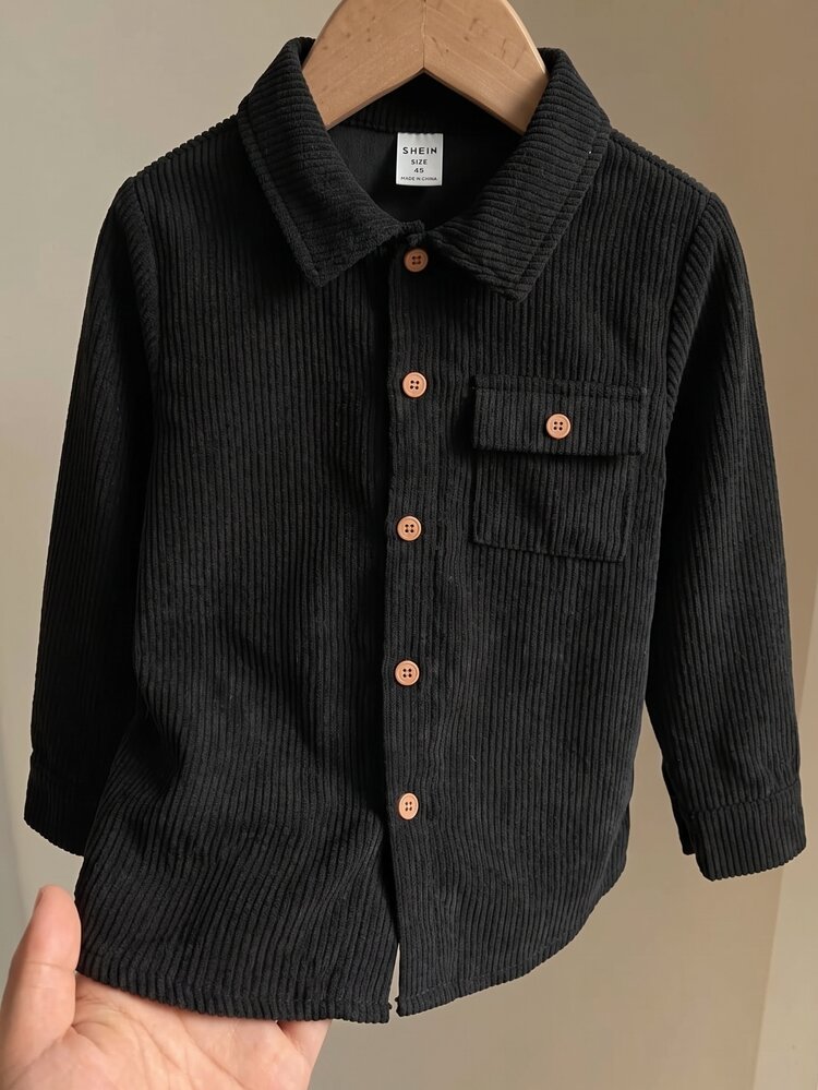 SHEIN Kids Young Boy Solid Color Front Button Long Sleeve Casual Top - Black - View 5