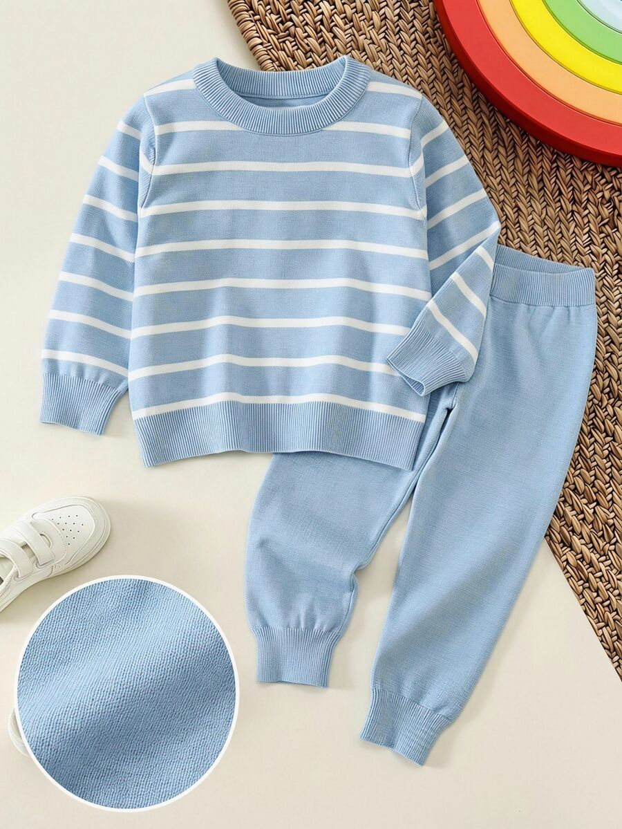 SHEIN 2pcs/Set Young Boys Casual Daily Style Dropped Shoulder Loose Striped Crew Neck Sweater Top & Knit Cuffed Long Pants Set, Thick, Suitable For Autumn/Winter Outdoor Wear, Preppy Style