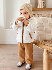 SHEIN Boys Hooded Fleece Jacket & Minimalist Solid Color Loose Fit & Full Coverage Hood Design & Smooth Zipper Closure & Soft Thick Plush Fabric & Comfortable & Contrast Trim Detail Exquisite & Long Sleeve Cut Free Movement & Versatile Casual Home Wear - Khaki - View 1