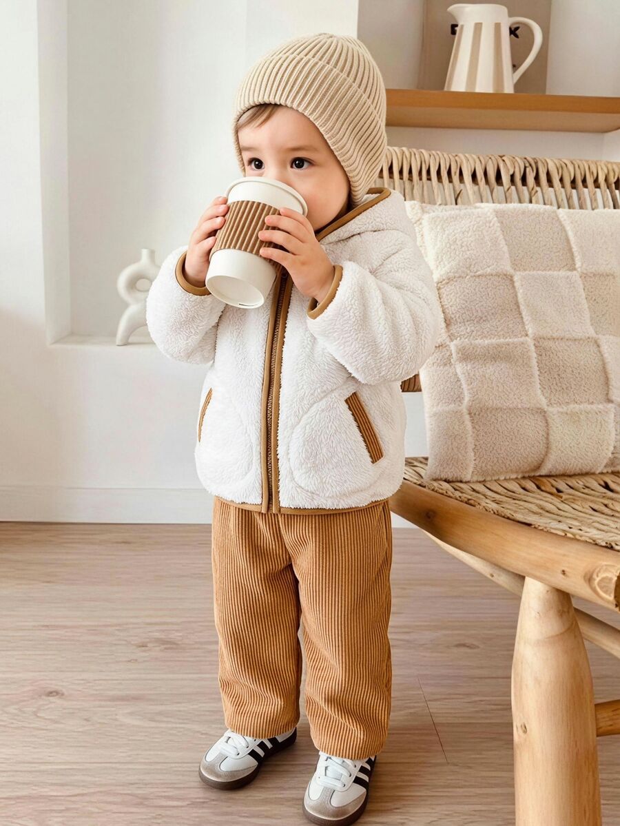 SHEIN Boys Hooded Fleece Jacket & Minimalist Solid Color Loose Fit & Full Coverage Hood Design & Smooth Zipper Closure & Soft Thick Plush Fabric & Comfortable & Contrast Trim Detail Exquisite & Long Sleeve Cut Free Movement & Versatile Casual Home Wear - Khaki - View 1