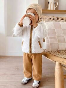 SHEIN Boys Hooded Fleece Jacket & Minimalist Solid Color Loose Fit & Full Coverage Hood Design & Smooth Zipper Closure & Soft Thick Plush Fabric & Comfortable & Contrast Trim Detail Exquisite & Long Sleeve Cut Free Movement & Versatile Casual Home Wear - Khaki - View 2