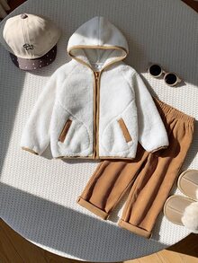 SHEIN Boys Hooded Fleece Jacket & Minimalist Solid Color Loose Fit & Full Coverage Hood Design & Smooth Zipper Closure & Soft Thick Plush Fabric & Comfortable & Contrast Trim Detail Exquisite & Long Sleeve Cut Free Movement & Versatile Casual Home Wear - Khaki - View 4