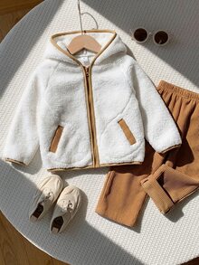 SHEIN Boys Hooded Fleece Jacket & Minimalist Solid Color Loose Fit & Full Coverage Hood Design & Smooth Zipper Closure & Soft Thick Plush Fabric & Comfortable & Contrast Trim Detail Exquisite & Long Sleeve Cut Free Movement & Versatile Casual Home Wear - Khaki - View 3