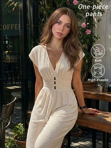 SHEIN MOD ,Stylish Women's White Textured Deep V-Neck Jumpsuit With Short Sleeves And Flattering Button Accents,Linen Outfits For Women - Apricot - View 1