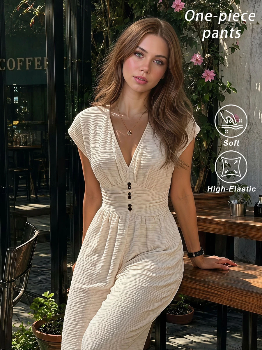 SHEIN MOD ,Stylish Women's White Textured Deep V-Neck Jumpsuit With Short Sleeves And Flattering Button Accents,Linen Outfits For Women - Apricot - View 1