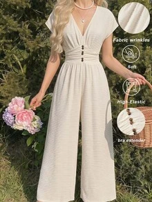 SHEIN MOD ,Stylish Women's White Textured Deep V-Neck Jumpsuit With Short Sleeves And Flattering Button Accents,Linen Outfits For Women - Apricot - View 7