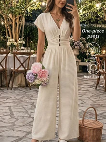 SHEIN MOD ,Stylish Women's White Textured Deep V-Neck Jumpsuit With Short Sleeves And Flattering Button Accents,Linen Outfits For Women - Apricot - View 2