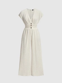 SHEIN MOD ,Stylish Women's White Textured Deep V-Neck Jumpsuit With Short Sleeves And Flattering Button Accents,Linen Outfits For Women - Apricot - View 3