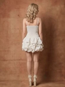 SHEIN MOD 女款杏色修身百褶泡泡下擺歐根紗迷你洋裝，情人節 - 杏色 - 查看 3