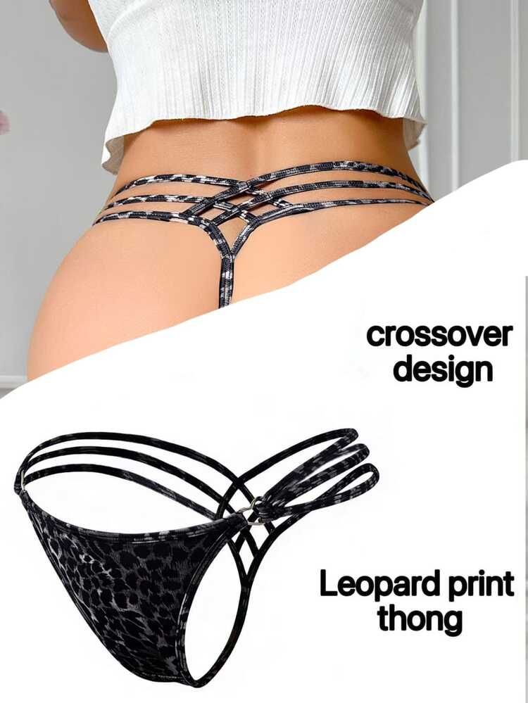SHEIN Sexy Women's Cross Hollow Leopard Print Thong Panty, 1pc - Black - View 4