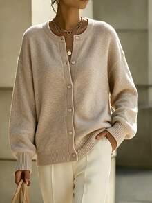 SHEIN Fall Winter Oat Light Grey Loose Lazy Knit Top, Simple Style For Layering Or Outerwear - Apricot - View 3