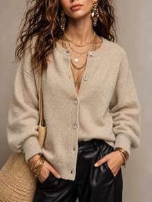 SHEIN Fall Winter Oat Light Grey Loose Lazy Knit Top, Simple Style For Layering Or Outerwear - Apricot - View 8