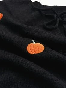 GlowEve CURVE 秋季大尺碼女款感恩節氛圍刺繡迷你南瓜圖案綁帶針織開襟衫，休閒俏皮寬鬆燈籠袖黑色針織上衣 - 黑色 - 查看 5