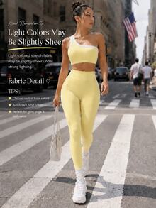 SHEIN Sports Seamless One-Shoulder Yoga Tank Top & High Elasticity Butt-Lifting Women Sports Set - Light Yellow - View 5