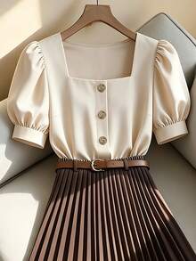 SHEIN Raffinéa Shades Of Brown,Autumn,Elegant,Brunch 2-Piece Set,Soft Apricot Square Collar Puff Sleeve Pearl Button Shirt & Caramel Pleated Maxi Skirt Set - Coffee Brown - View 5