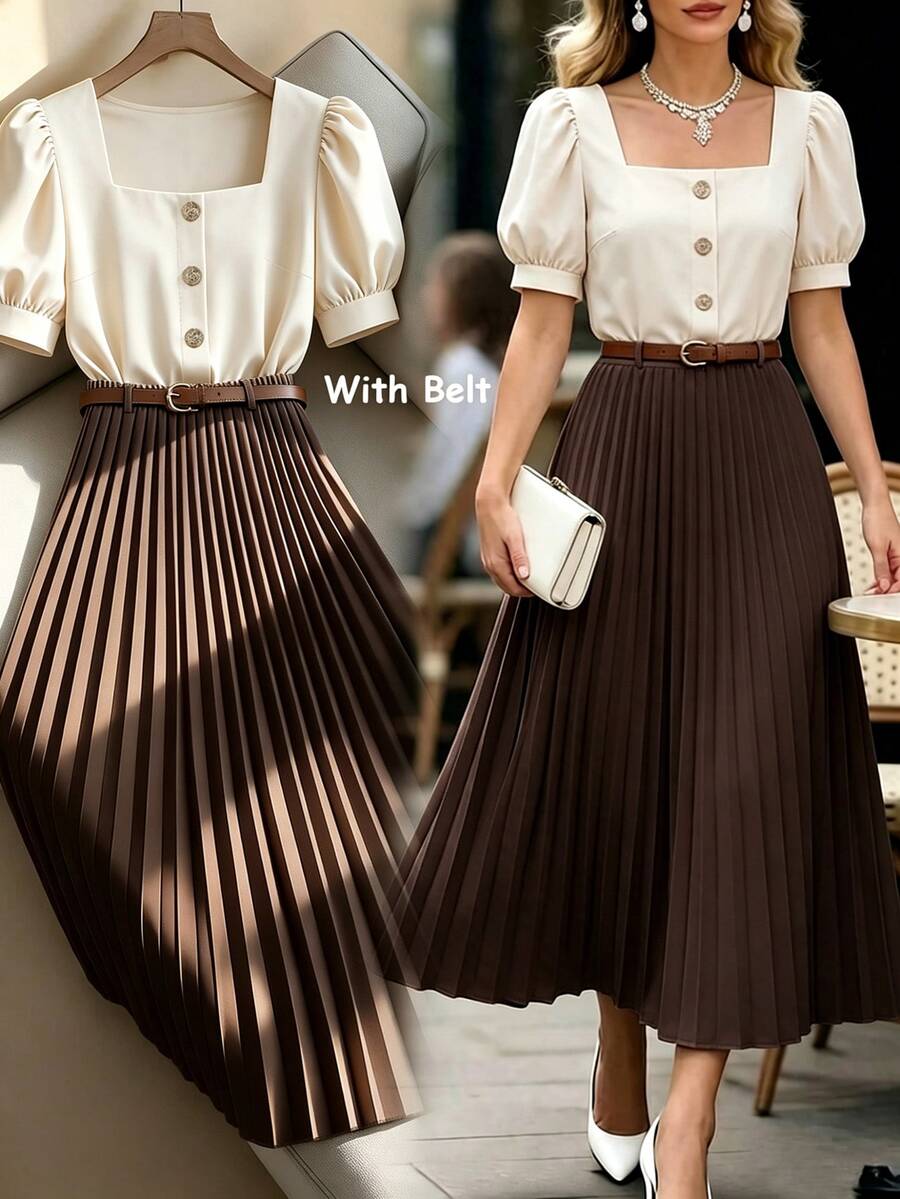 SHEIN Raffinéa Shades Of Brown,Autumn,Elegant,Brunch 2-Piece Set,Soft Apricot Square Collar Puff Sleeve Pearl Button Shirt & Caramel Pleated Maxi Skirt Set - Coffee Brown - View 1