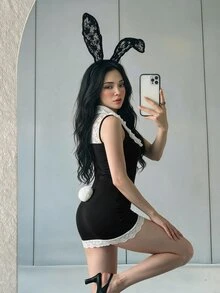 Sweetina Halloween Sexy Lace Bodycon Mini Dress Sexy Bunny Girl - Black - View 2