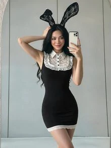 Sweetina Halloween Sexy Lace Bodycon Mini Dress Sexy Bunny Girl - Black - View 5