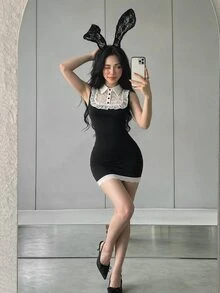Sweetina Halloween Sexy Lace Bodycon Mini Dress Sexy Bunny Girl - Black - View 3