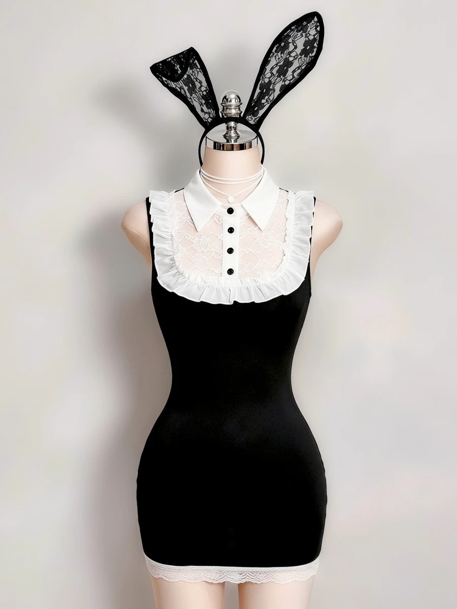 Sweetina Halloween Sexy Lace Bodycon Mini Dress Sexy Bunny Girl - Black - View 1
