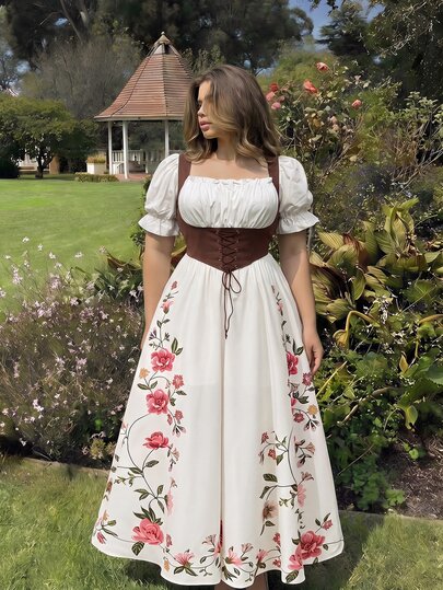 SHEIN MOD Sukienka damska plus size w kwiatowy wzór z wiązaniem, casualowa, vintage w stylu lat 50. i 80., na imprezę, wakacje i Oktoberfest, biała, letnia