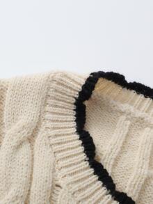 SHEIN Women's Boho Chic French Vintage Romantic Elegant Cardigan,Black And White Autumn New Wave Edge Twist Rope Knit,Christmas Holiday Office Outfit. - Apricot - View 3