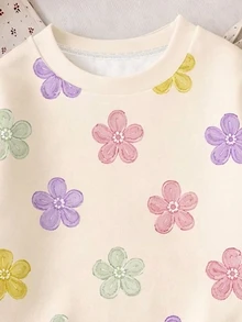奶油白可愛甜美奶油色花卉圖案少女休閒極簡厚實柔軟舒適圓領套頭衛衣，適合秋冬日常穿著，秋季氛圍，時尚冬季抓絨內裡 - 彩色 - 查看 6