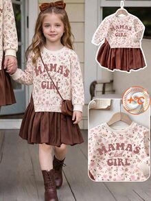 4-7 Years Old Girls Ditsy Floral + Letter Digital Print Sweatshirt Dress 2 In 1, Fresh Cute Style, College Style Ruffle Hem Autumn/Winter Dress - Multicolor - View 3