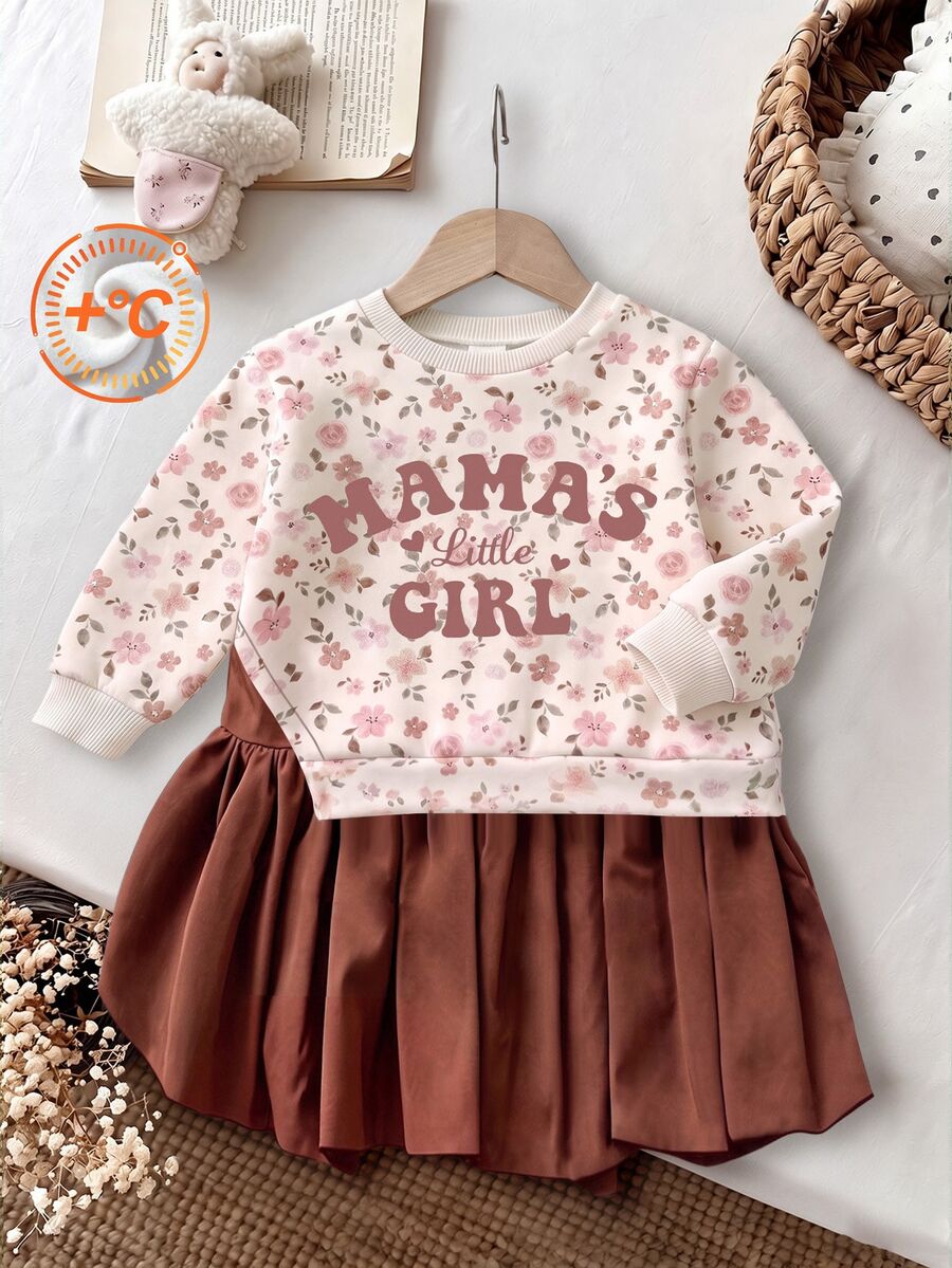 4-7 Years Old Girls Ditsy Floral + Letter Digital Print Sweatshirt Dress 2 In 1, Fresh Cute Style, College Style Ruffle Hem Autumn/Winter Dress - Multicolor - View 1