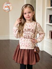 4-7 Years Old Girls Ditsy Floral + Letter Digital Print Sweatshirt Dress 2 In 1, Fresh Cute Style, College Style Ruffle Hem Autumn/Winter Dress - Multicolor - View 5