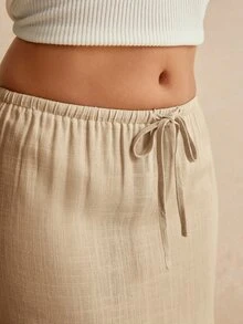Poéselle Women's Casual Drawstring Waist Solid Color Cotton Basic A-Line Skirt, Suitable For Spring, Summer And Autumn. Vacation Grey - Apricot - View 5