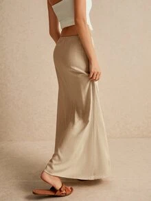 Poéselle Women's Casual Drawstring Waist Solid Color Cotton Basic A-Line Skirt, Suitable For Spring, Summer And Autumn. Vacation Grey - Apricot - View 3