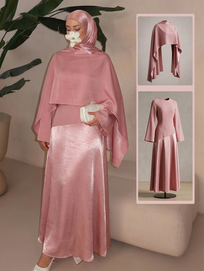 Yasmyna Pink Patchwork Satin Round Neck Long Sleeve Full Skirt With Shawl, Elegant And Graceful Light Evening Dress For Women, Arabian Style