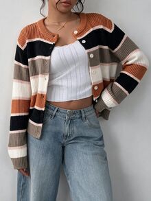 SHEIN BASICS 休閒極簡條紋女款開襟針織衫，適合秋冬外出，女款秋冬毛衣，女款秋冬服飾，秋季穿搭，女款通勤穿搭，基礎上衣，外出穿搭，機場穿搭 - 黑色 - 查看 6