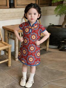 SHEIN Baby Girl Cute Colorful Lucky Pattern Red Summer Cheongsam Dress,Soft Satin Stand Collar Button Front Faux Wrap Short Dress For Family Matching - Red - View 1