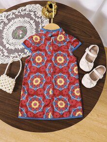 SHEIN Baby Girl Cute Colorful Lucky Pattern Red Summer Cheongsam Dress,Soft Satin Stand Collar Button Front Faux Wrap Short Dress For Family Matching - Red - View 5
