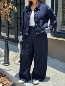 Dazy Plus Autumn/Winter New Lapel Large Pocket Top & Casual Long Pants Blogger Casual Denim Set - Dark Wash - View 7