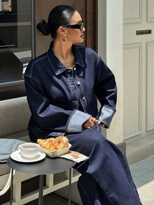 Dazy Plus Autumn/Winter New Lapel Large Pocket Top & Casual Long Pants Blogger Casual Denim Set - Dark Wash - View 4