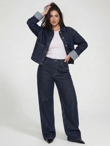 Dazy Plus Autumn/Winter New Lapel Large Pocket Top & Casual Long Pants Blogger Casual Denim Set - Dark Wash - View 10