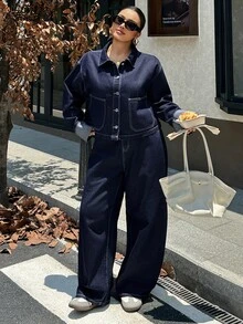 Dazy Plus Autumn/Winter New Lapel Large Pocket Top & Casual Long Pants Blogger Casual Denim Set - Dark Wash - View 3