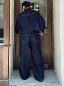 Dazy Plus Autumn/Winter New Lapel Large Pocket Top & Casual Long Pants Blogger Casual Denim Set - Dark Wash - View 2