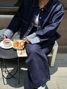 Dazy Plus Autumn/Winter New Lapel Large Pocket Top & Casual Long Pants Blogger Casual Denim Set - Dark Wash - View 1